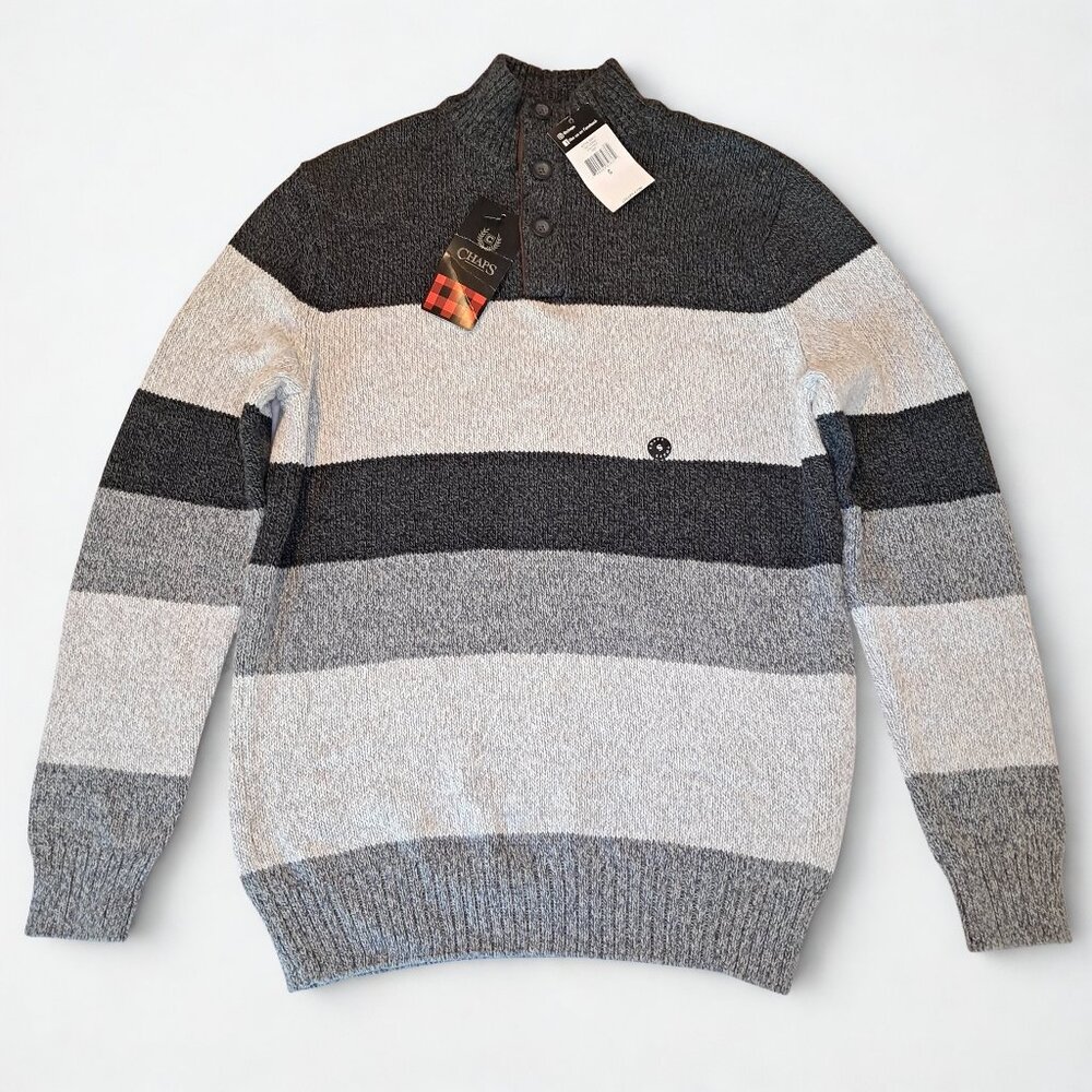 Chaps Sweater Mens Small Gray Cotton Knit Long Sleeve 1/4 Button Pullover